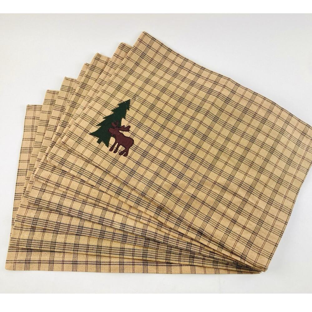 Set of 7 Winter Placemats Tan Plaid Moose Christmas Tree Brown Farmhouse Cottage
